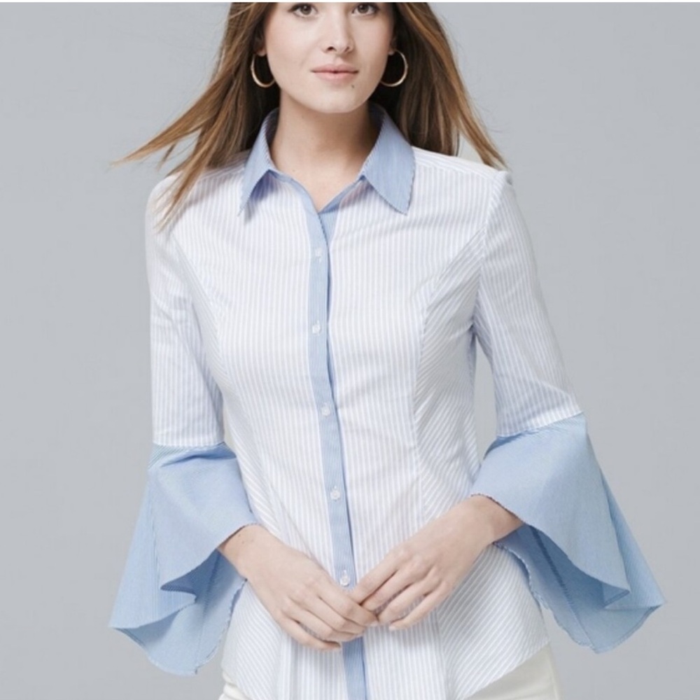 White House Black Market Light Blue & White Striped Bell-Sleeve Button Down